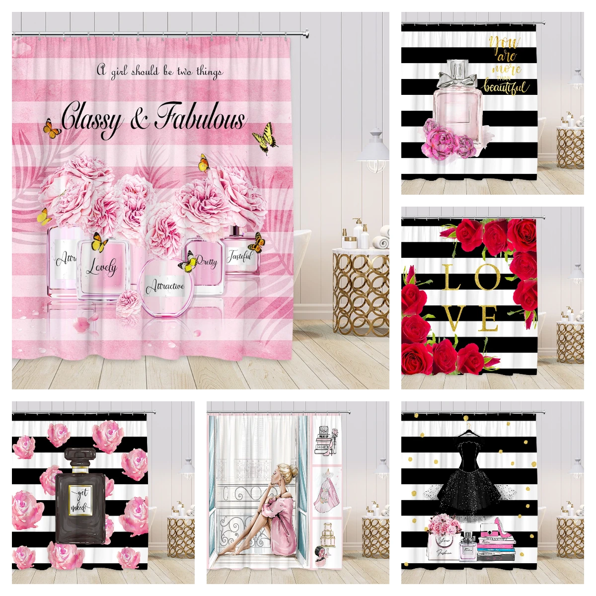 Pink Perfume Shower Curtains Cosmetics High Heels Flowers Black White Stripes Bathroom Decor Girl Fashion Vintage Bath Curtain