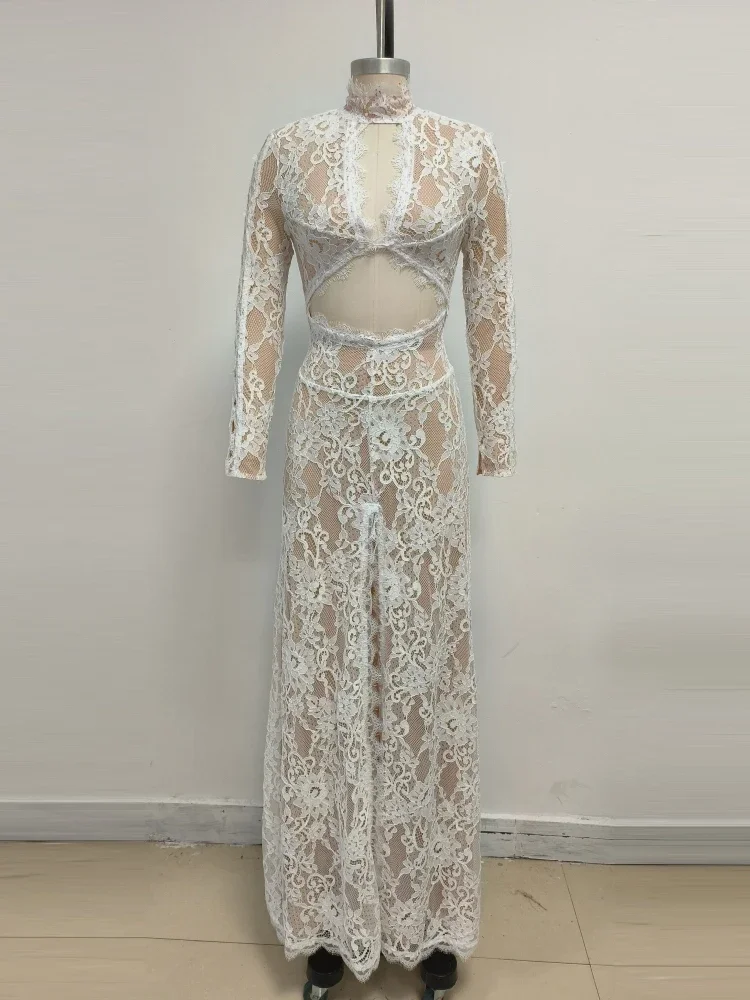 새롭고 섹시한 O넥 레이스 컷아웃 디자인 롱 드레스 여성용 화이트 레이스 긴팔 하이 슬릿 슬림 드레스 이브닝 파티 웨딩 가운