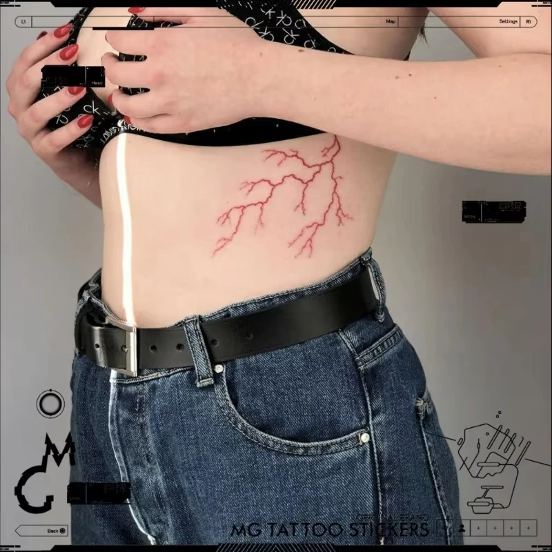 

Red Lightning Fake Tattoo for Woman Sexy Mutated Line Abdomen Art Red Crack Faux Tatouage Femme Waterproof Temporary Tattoo