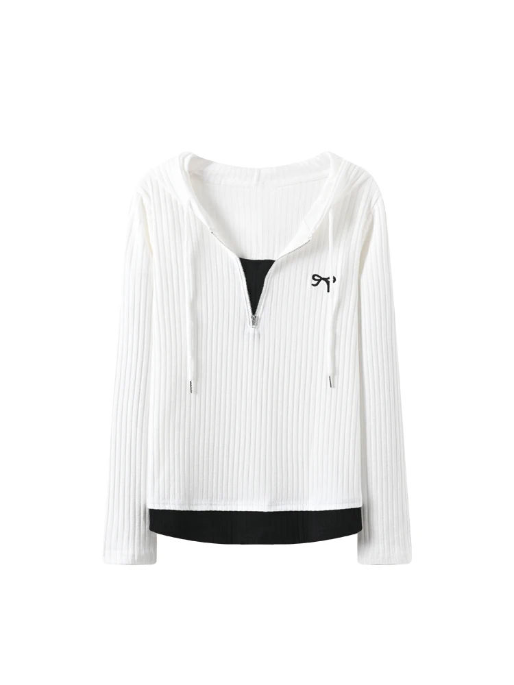 Top de punto de talla grande para mujer, manga larga, con cierre de cremallera y nudo, informal, mezcla de algodón y poliéster, moda primavera-otoño