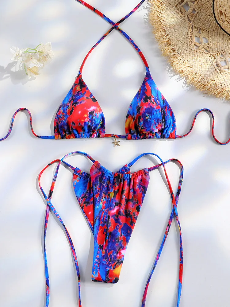 

Tie Dye Micro 2026 Bikinis Thongs Swimwear Starfish Pendant Women's Swimsuit bikini Set Brazilian Bathing Suit folds Beachwear