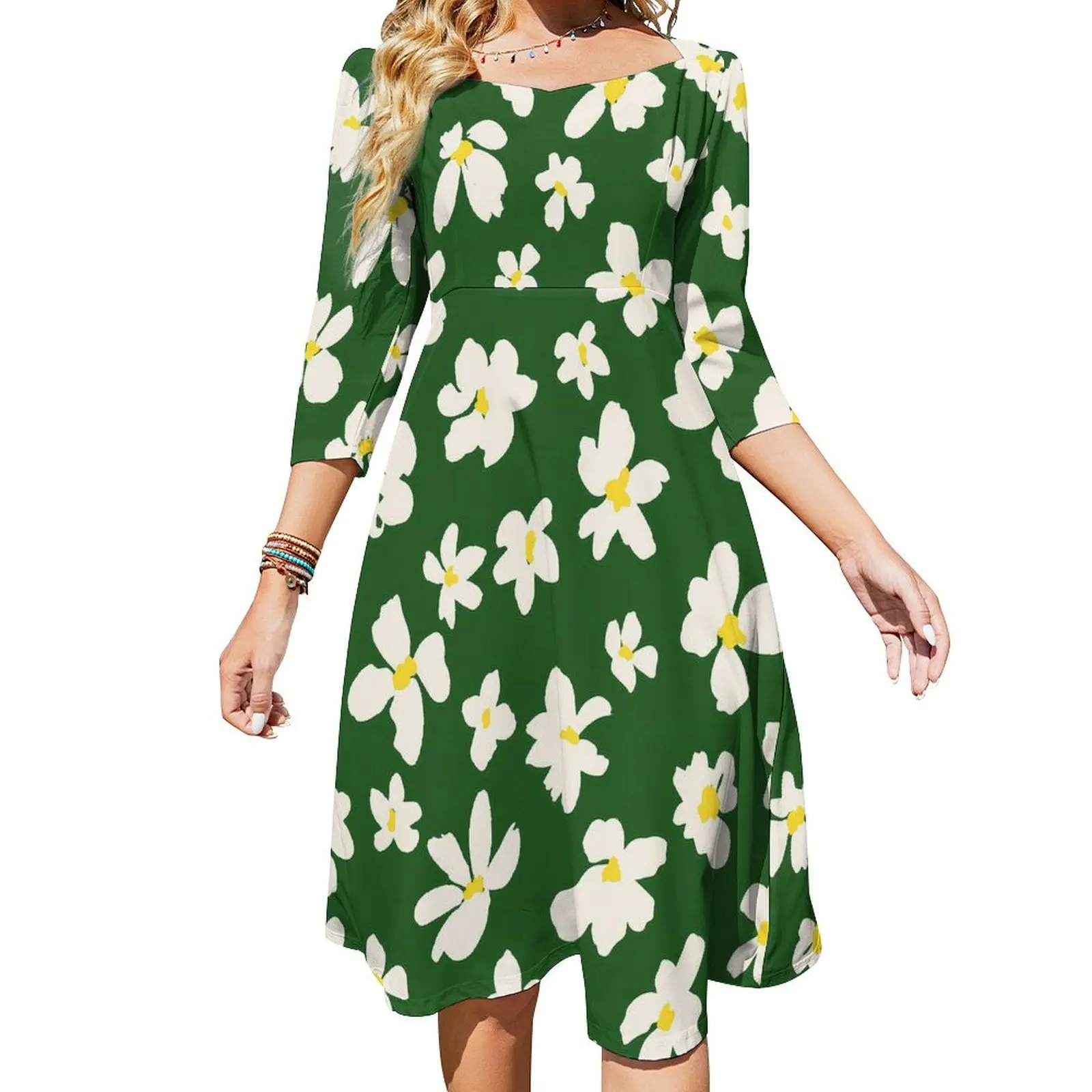 Daisies Floral Print Casual Dress Female White Flowers Streetwear Dresses Sexy Cute Dress Custom Clothes Big Size