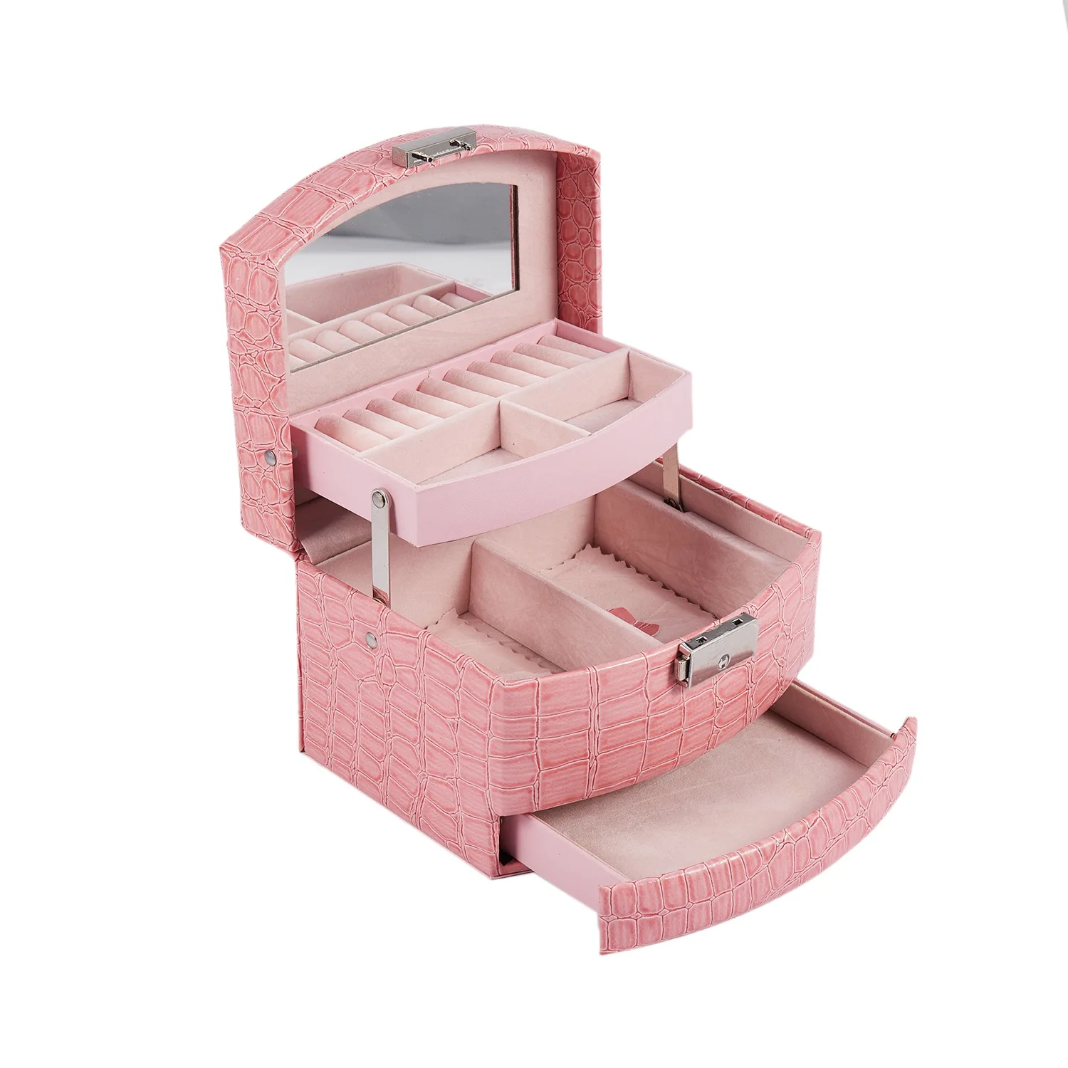 Jewelry Storage Box 3-Layer Leather Earrings Jewelry Storage Box Display Jewelry Box Pink