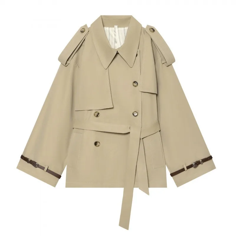 Ladies Short Trench Coat Lapel Epaulet Double Breasted Belt Waist Jacket Women Autumn Casual Solid Windbreaker CommuterOuterwear