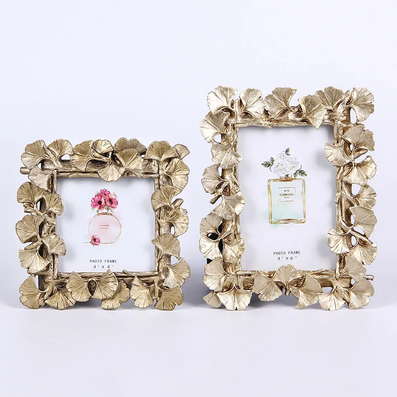 

Mutihome Resin Photo Frame Living Room Bedroom Table Dressing Table Rectangular Ginkgo Leaf Photo Frame Golden 6-inch Frams