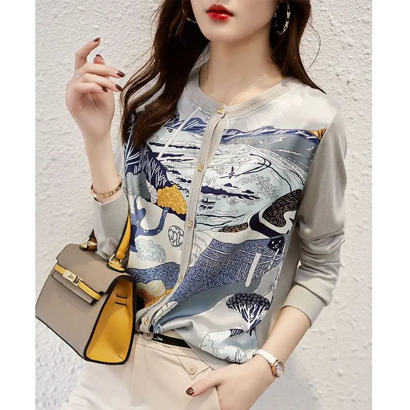 2023 Spring Autumn New Fashion Printing Round Neck Long Sleeve Knitting Cardigan Women Elegant Button Patchwork All-match Tops