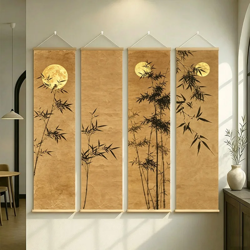 Japanese Zen Bamboo Vertical TapestryClear  Elegant Breeze Scroll Wall Art for Tea Room Living Room StudyHouse Wall Decor Canvas