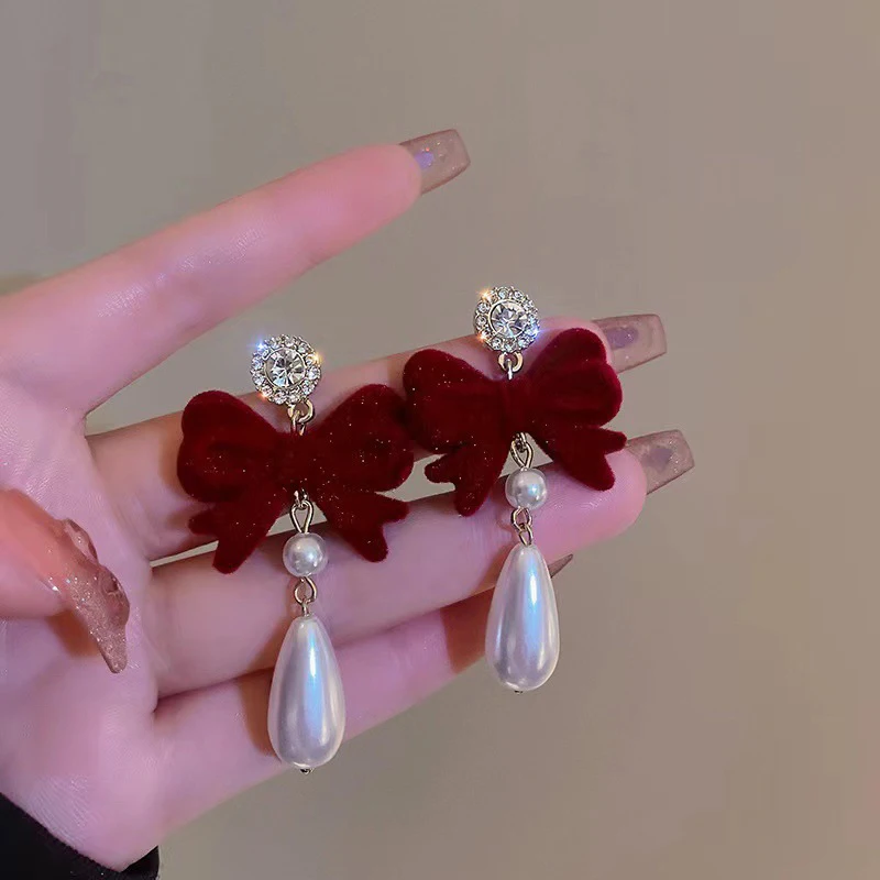 1Pair Red Flocked Fabric Bow Earrings Flower Long Tassel Fringe Drop Dangle Earrings for Women Girls Sweet Party Jewelry Gift