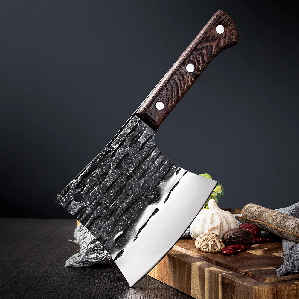 

Chinese Cleaver Kitchen Knives Handmade Forged Chef Knife High-carbon Clad Steel Cut Bone Axe Buthcer Meat Slicing Wood Handle