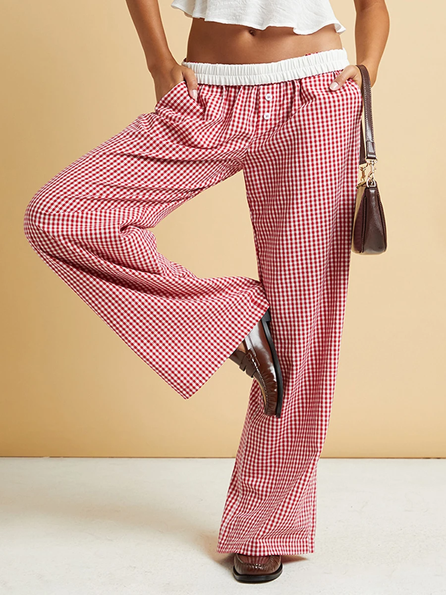 Pantalon à jambes larges pour femmes, boutons à carreaux, taille élastique, adt fjSpring Summer, bas de survêtement décontractés