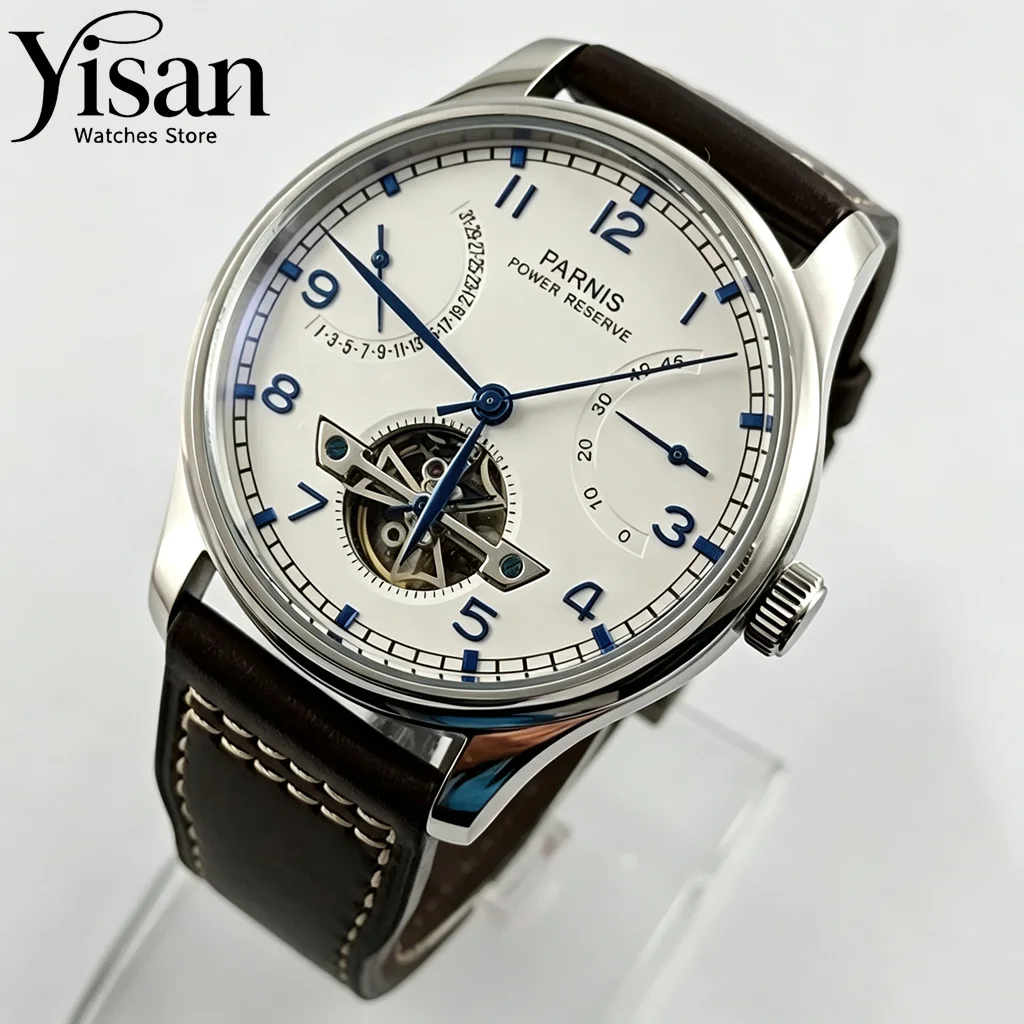 Parnis 43mm Retro Power Reserve Skeleton Automatic Men Watch Brown Leather Strap Mechanical Movement Luxury Business Wristwatch