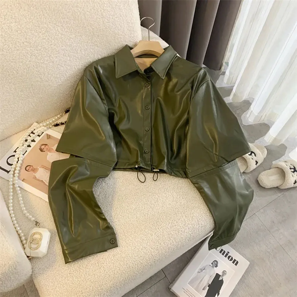 2024 Autumn New Black Motorcycle Short Leather Jackets Women Vintage POLO Collar PU Coat Female Splice Long Sleeve Outerwears