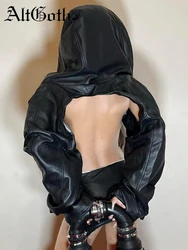AltGoth Cyberpunk Dark Gothic Pu Crop Jacket Women Harajuku Streetwear Hip Hop Emo Alt Long Sleeve Leather Hoodied Coats Female
