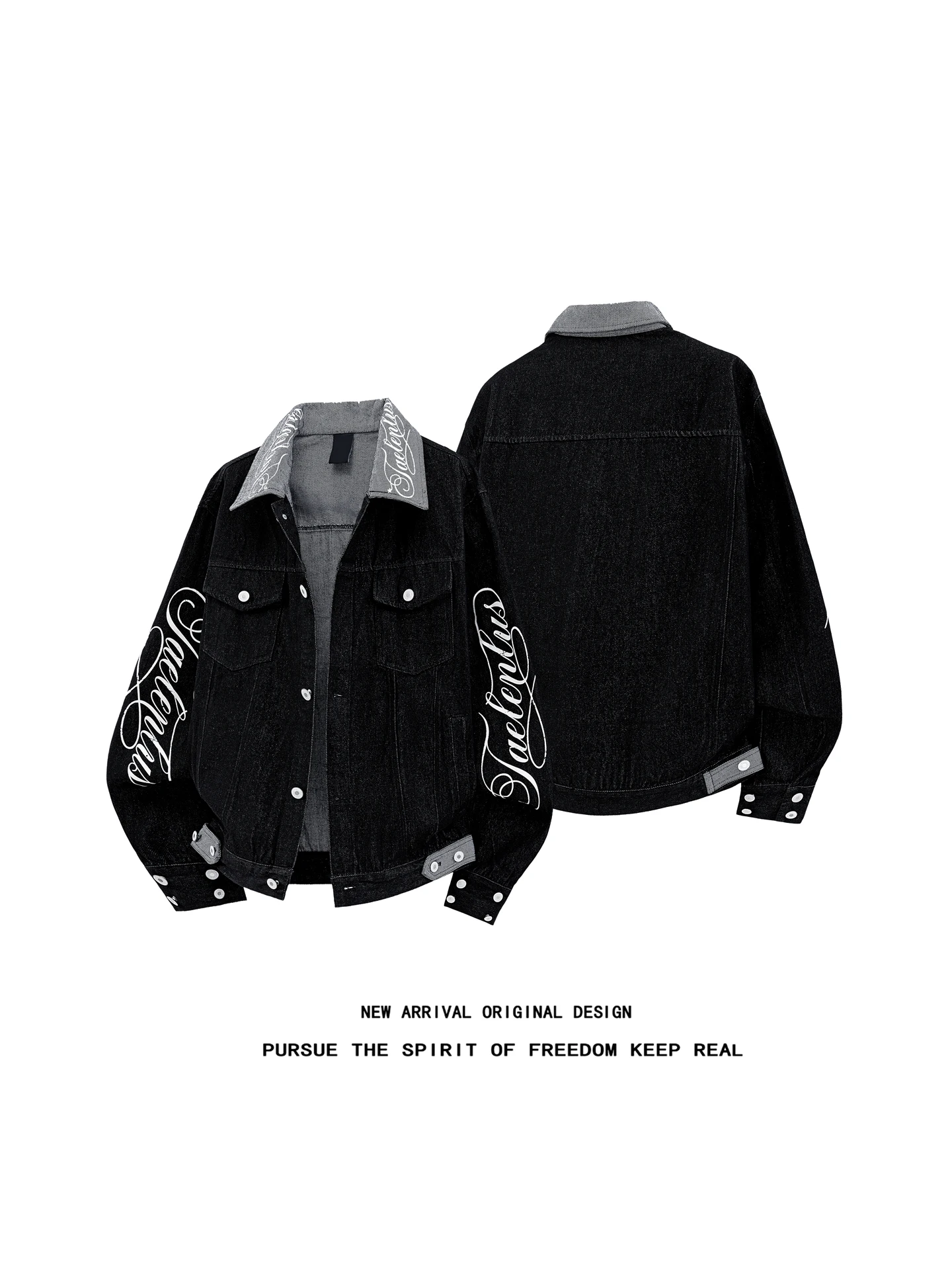 Washed Denim Jacket with Gothic Letter Print Collar American Style Streetwear Design Casual Outerwear for Men Autumn Season