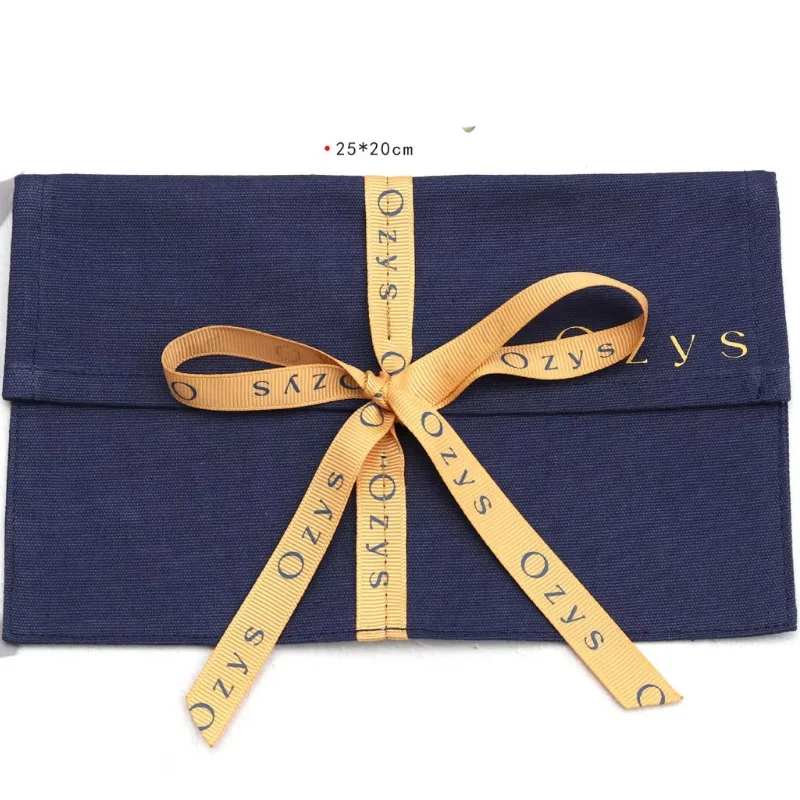 Custom Logo Canvas Envelope Wholesale Navy Blue Cotton Pouch Reusable Gift Clothing Handbag Shirt Dust Bag With Ribbon