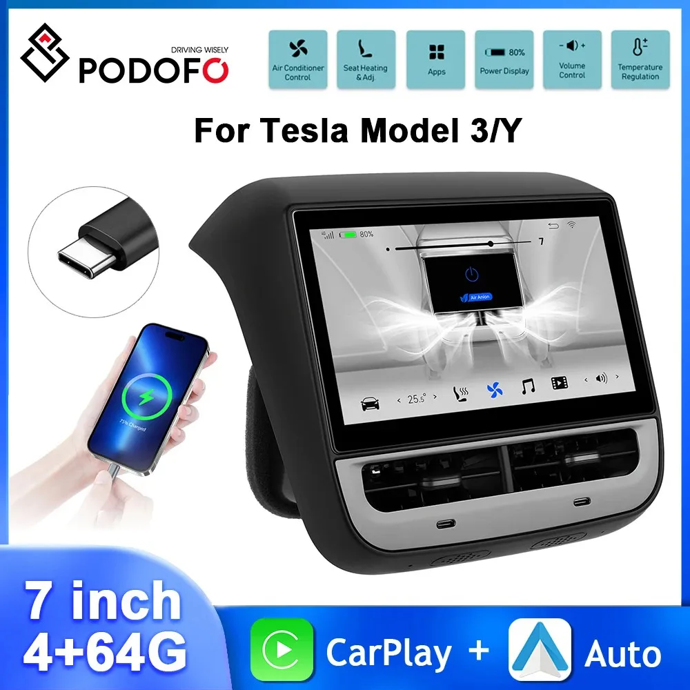 Podofo 7Inch Screen For Tesla Model 3 Y Rear Display Android 4+64G Air Conditioner Control Multimedia Player Rear Seat Screen