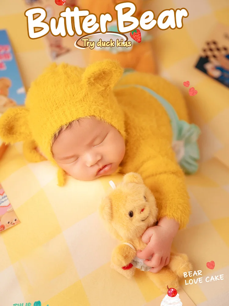 Pakaian fotografi baru lahir, Jumpsuit lengan panjang + topi + Bib Set kostum beruang kuning mentega boneka Studio alat peraga pemotretan