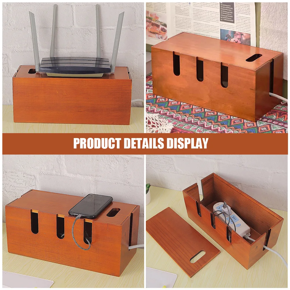 

Wooden Retro Cable Management Box Brown Storage Organizer for Power Strips Sockets Cords Chargers Desk Tidy Large Size Durable