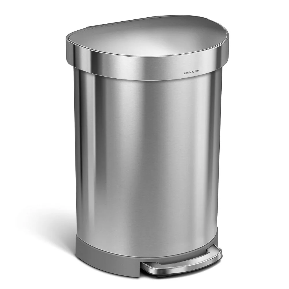 60 Liter Semi-Round Hands-Free Kitchen Step Stainless Steel Trash Can with Soft-Close Lid, Brushed, Waste Bins