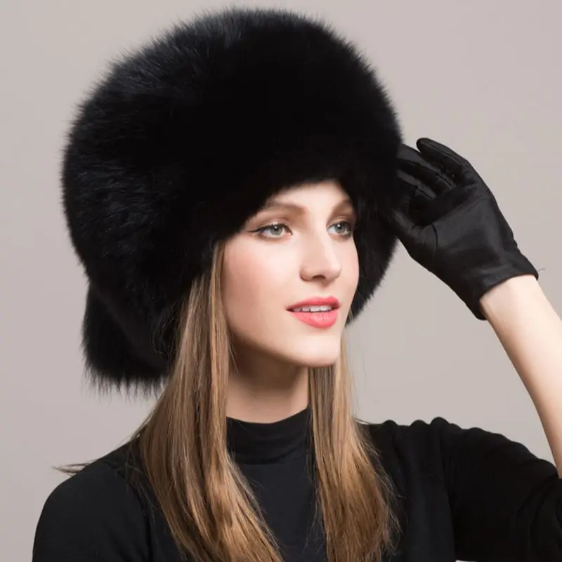 Winter Women Fashion Real Fur Hat Natural Fox Fur Hats Headgear Russian Outdoor Cap Ladies Thicken Warm Fur Caps