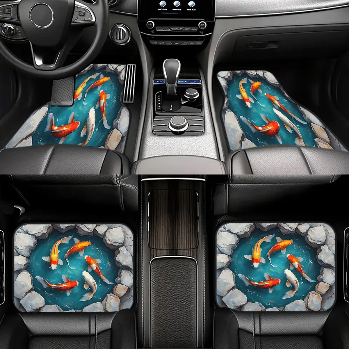 4pcs Set Of Crystal Velvet Pond Koi Pattern Car Floor Mats, Durable And Easy To Clean, Machine Washable And Hand Washable, Unive