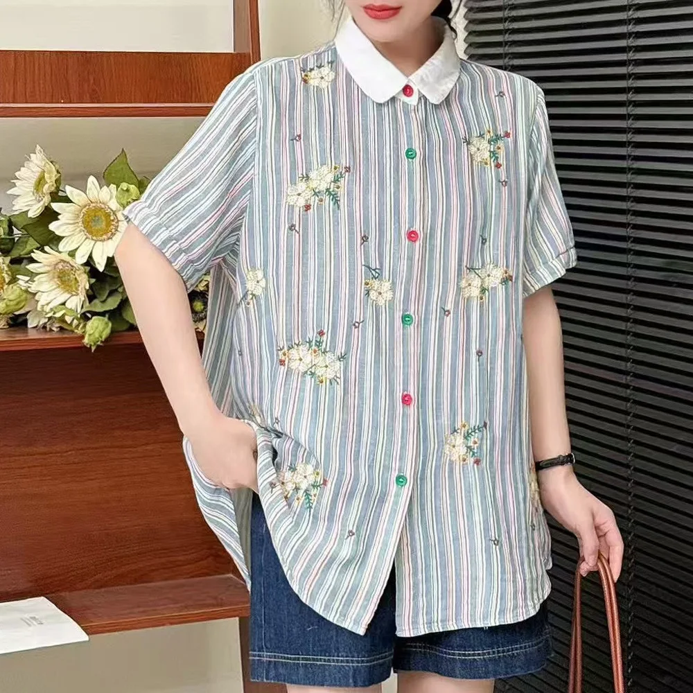 

Women Summer Vintage Mori Girl Striped Floral Embroidery Cotton Shirts Japan Style Turn Down Collar Short Sleeve Casual Blouse