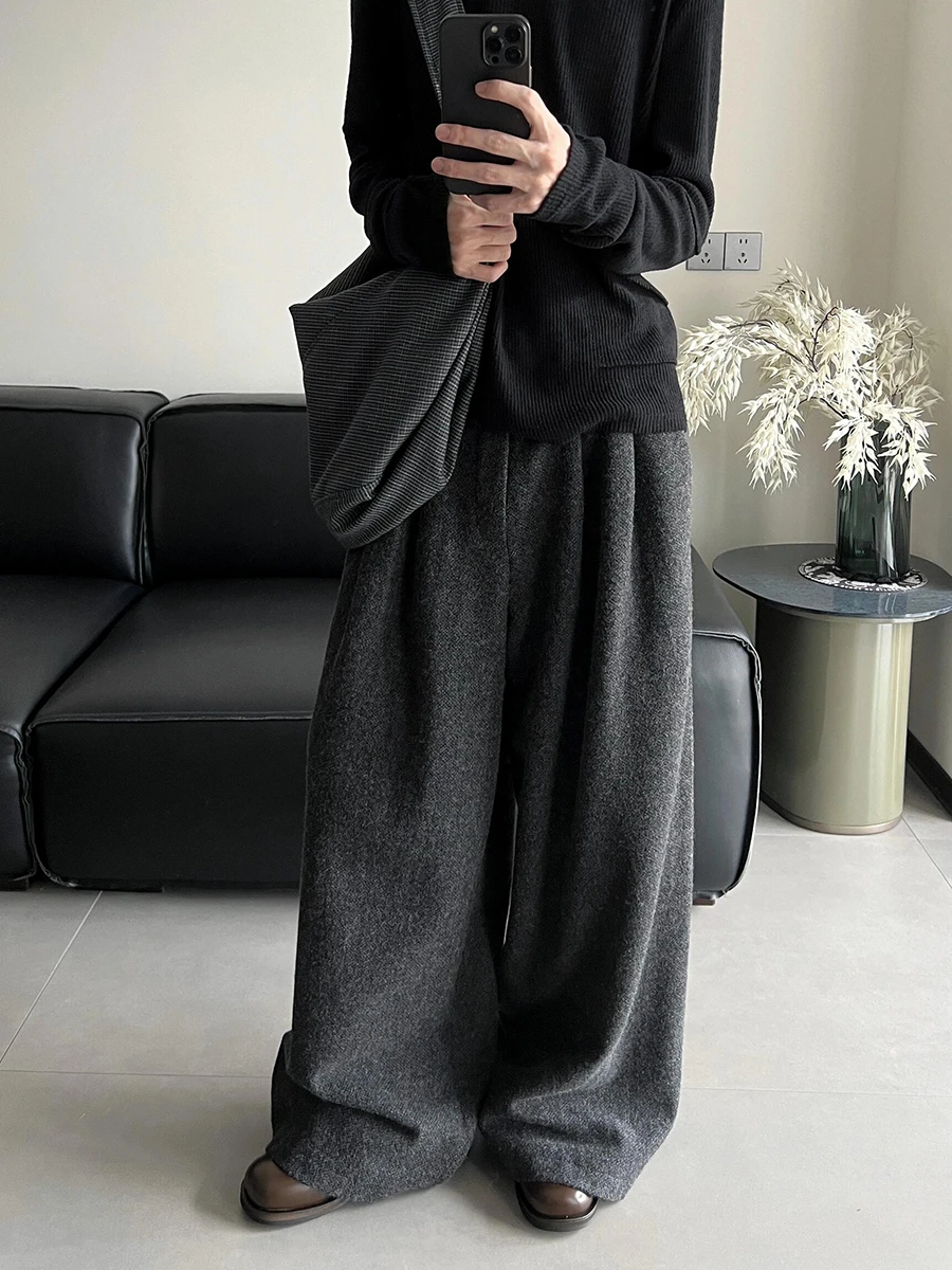 ReddaChic ทํางานสํานักงานผู้หญิง Tweed กางเกง Casual หลวม Fit สีกากี Textured เอวสูงขากว้างกางเกงฤดูใบไม้ร่วงเสื้อผ้าวินเทจ