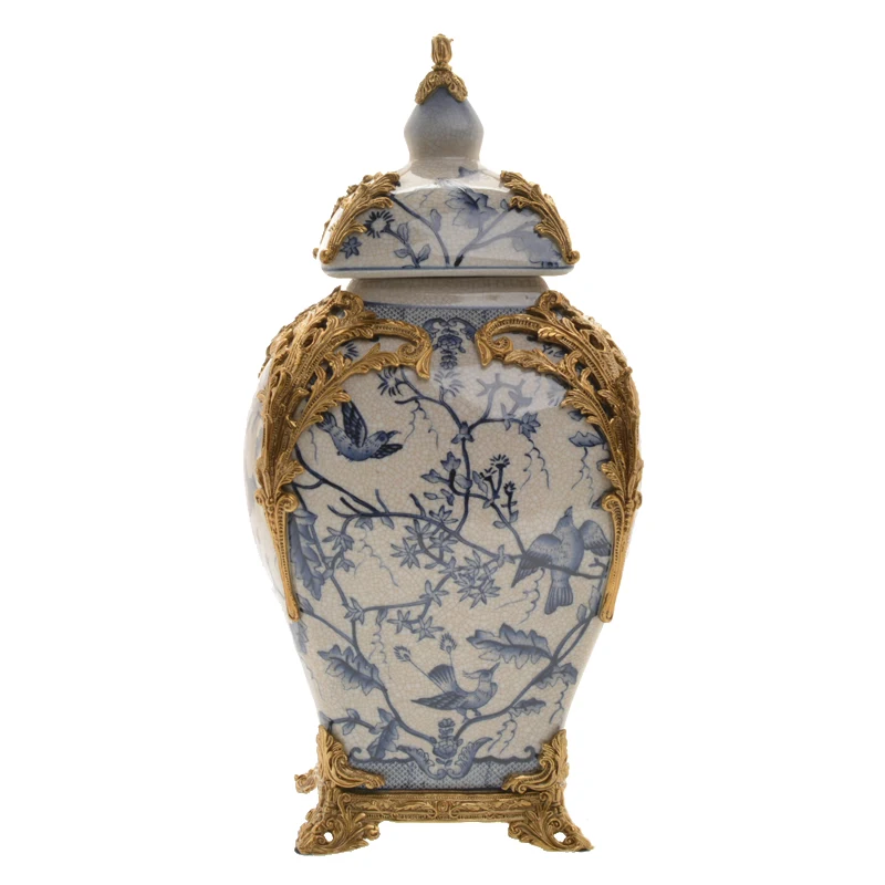 Ceramic blue-and-white bird lid jar ornaments with copper luxury villa club decorations