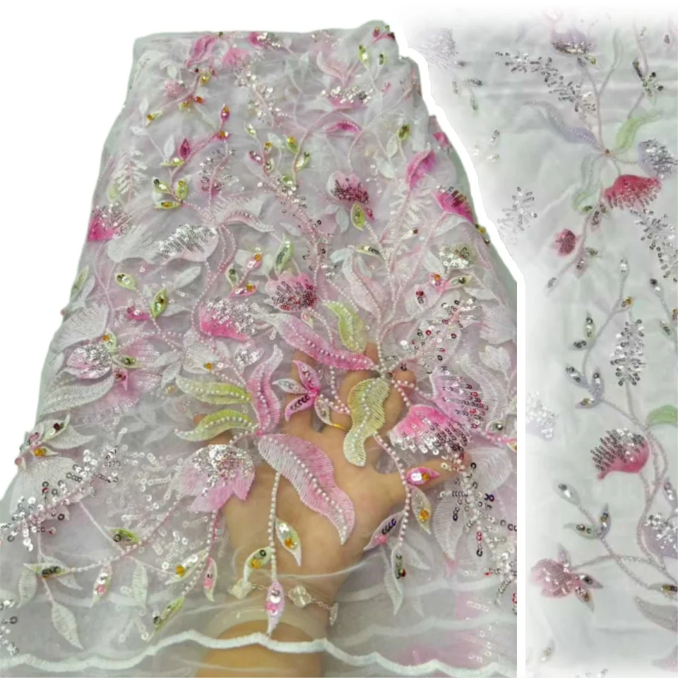 

High Quality Lace Latest 3D African Sequins Lace Fabric Embroidery Beaded Mesh Lace Fabric for Women Wedding Party Dress AH1307