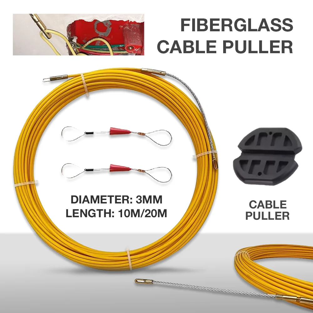 3mm Fiberglass Cable Puller 10/20m Duct Rodder Fish Tape Guide Device Electrician Wiring Tool Wiring Installation Auxiliary Tool