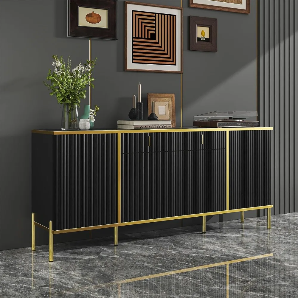 60” Modern Sideboard Buffet Cabinet, Fluted Storage Sideboard with Adjustable Shelves & Pop-Up Doors, Multifunctional