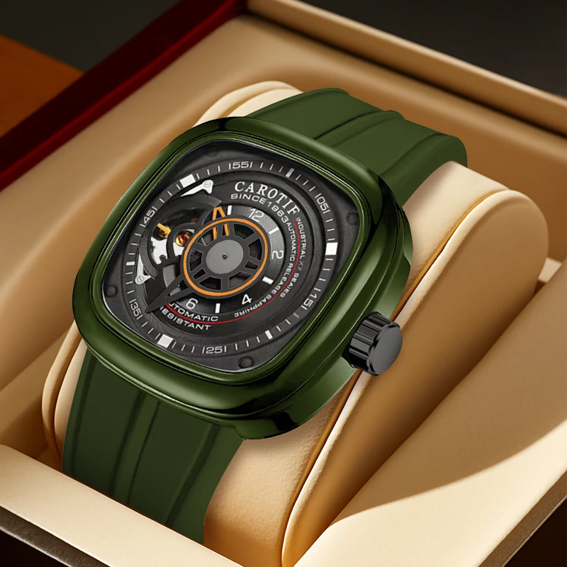 

Мужские полностью автоматические механические часы с квадратным циферблатом и турбийоном в стиле хип-хоп с зеленой лентой
