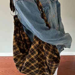 Vintage Plaid Large Capacity Trendy Casual Tote Backpack Versatile Handbag Oversized Canvas Armpit Bag Scotland Style