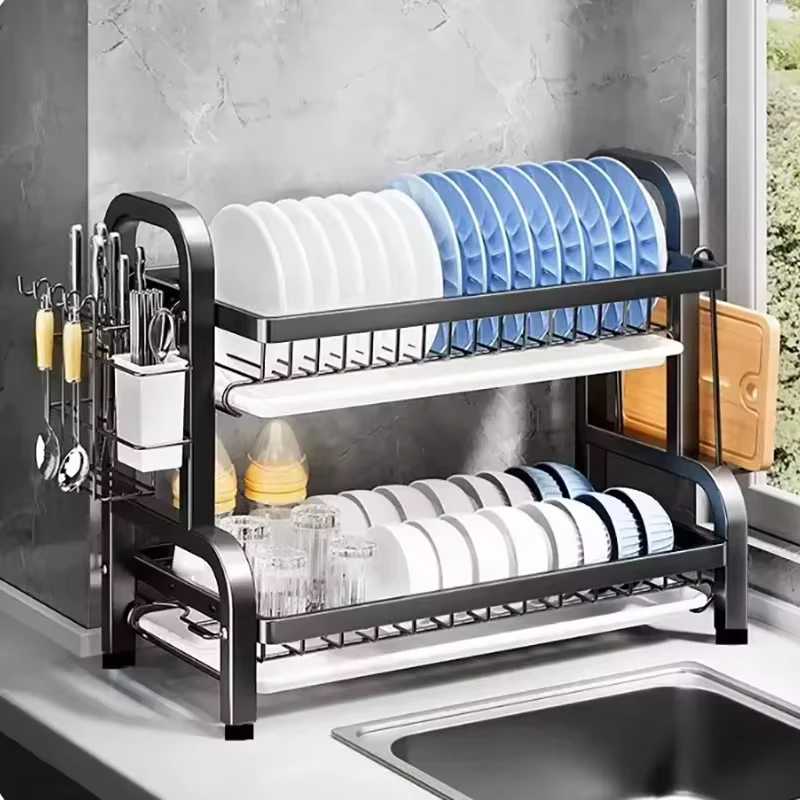 Dish Drying Rack 2-Tier Compact Kitchen Dish Rack Drainboard Set Large Rust-Proof Dish Drainer with Utensil Holder Kitchen Racks