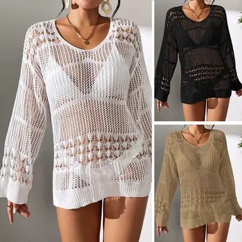 BWQ Knit top donna Bikini covers-up Pullover lavorato a maglia a maniche lunghe top Fashion Hollow Out Texture Beach Smocks