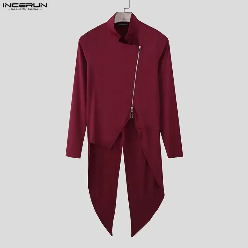 INCERUN Men Irregular Shirt Solid Stand Collar Long Sleeve Zipper Male Cardigan Streetwear 2026 Fashion Casual Tops Men Clothing - Image 2