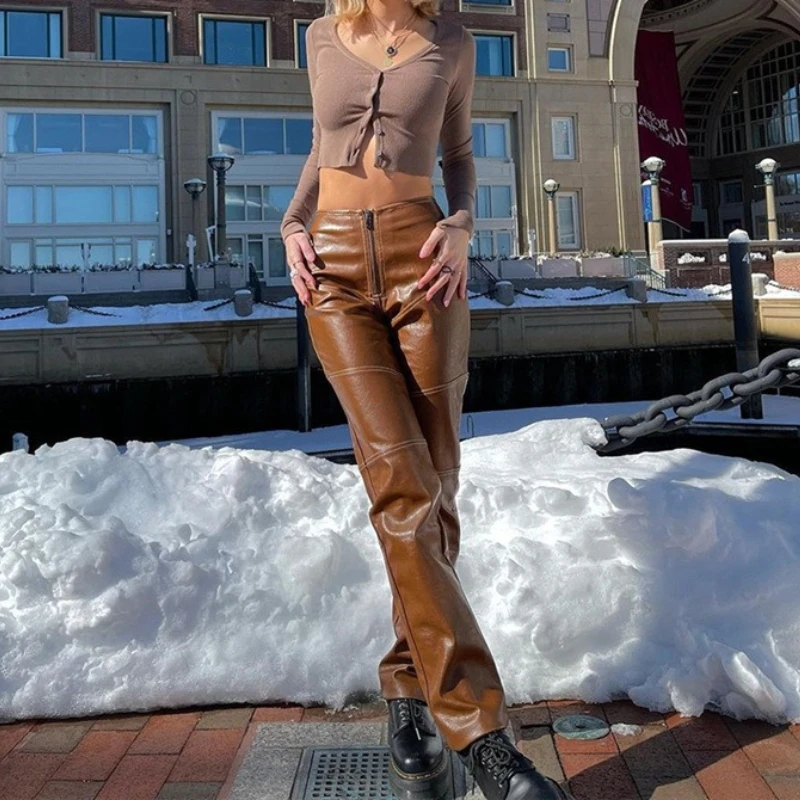 

TARUXY Slim Spice Girl PU Trousers Straight Leg Pants Women's Fashion Zipper Splicing Casual Commuting Leather Pants Female New