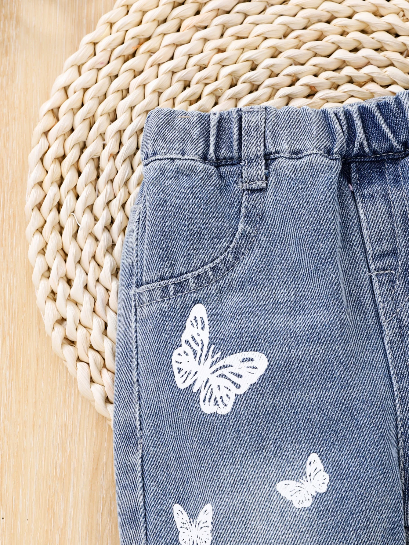 Baby Baby girl denim pants Spring and autumn printed butterfly waist all round elastic spray white denim light blue
