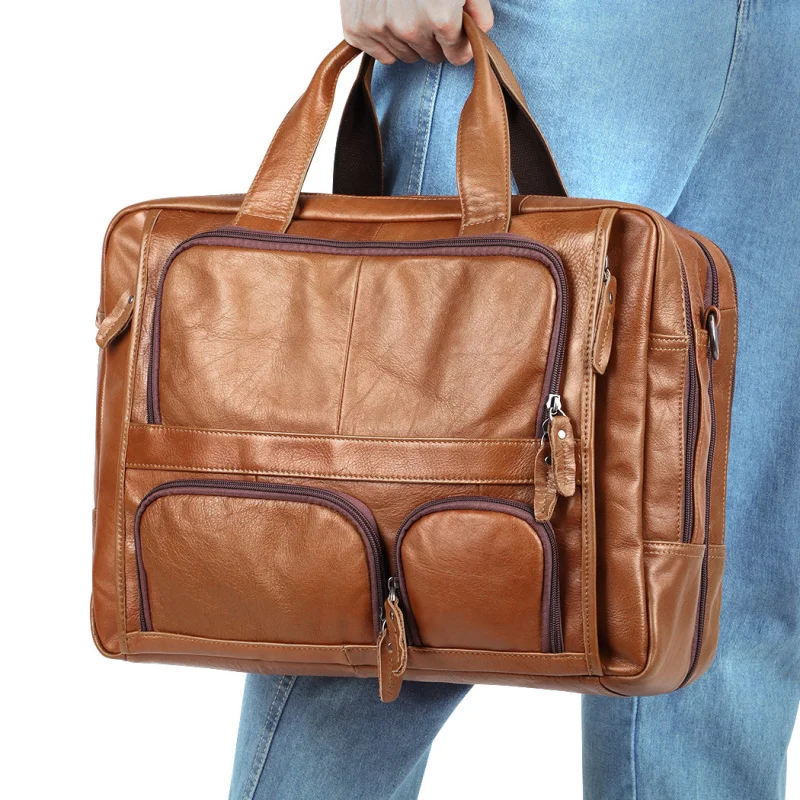 Leather men's laptop bag with multi-functional crossbody design large capacity high-quality leather men's bag business briefcase