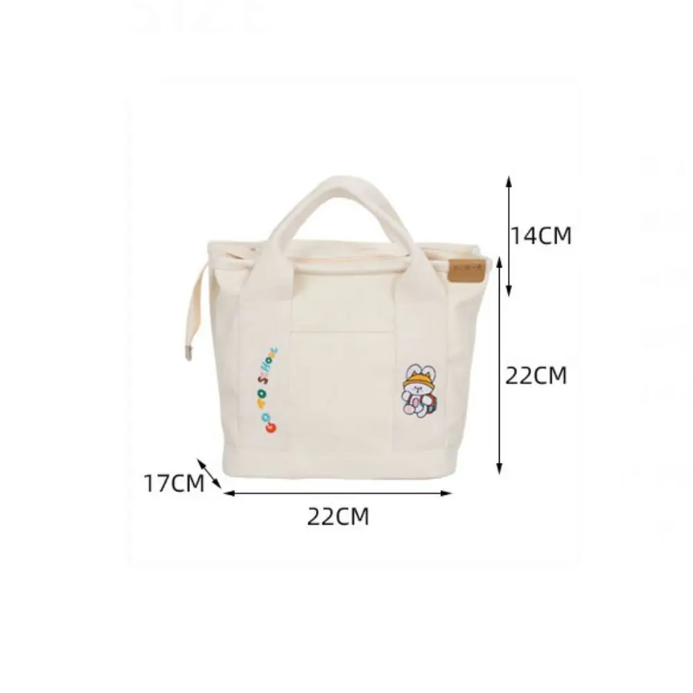 Casual Solid Color Women\'s Tote Bag Cartoon Embroidery Canvas Handbag Portable Large Capacity Multi Pocket Lunch Bag