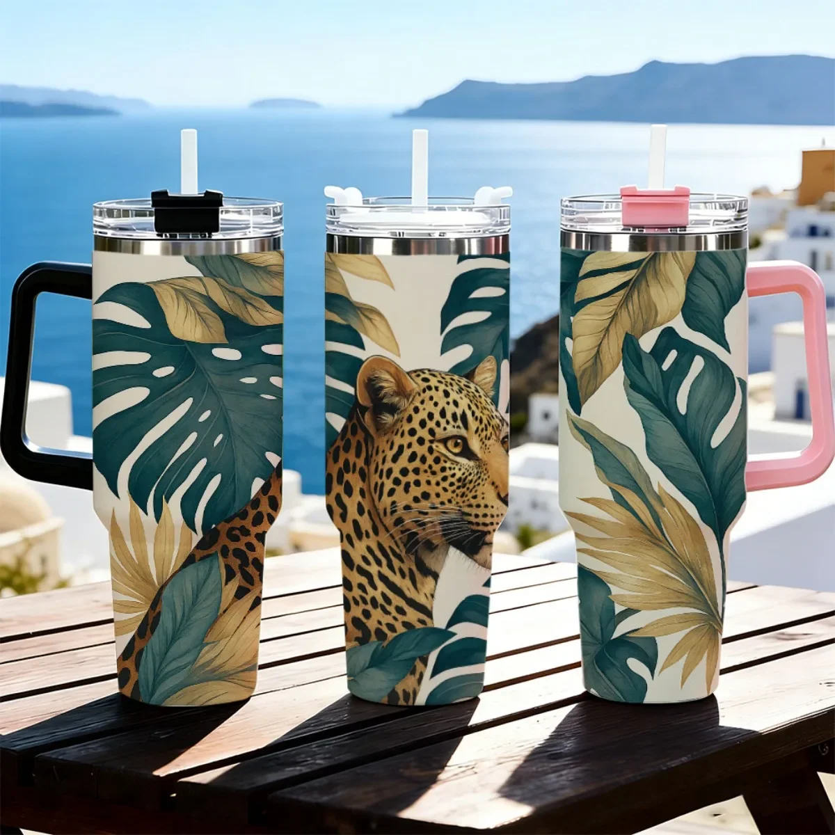 40oz Tumbler with Handle Tropical Leopard Monstera Leaf Print Insulated Cup, Other colors sold out, random black or white shipment for other color orders