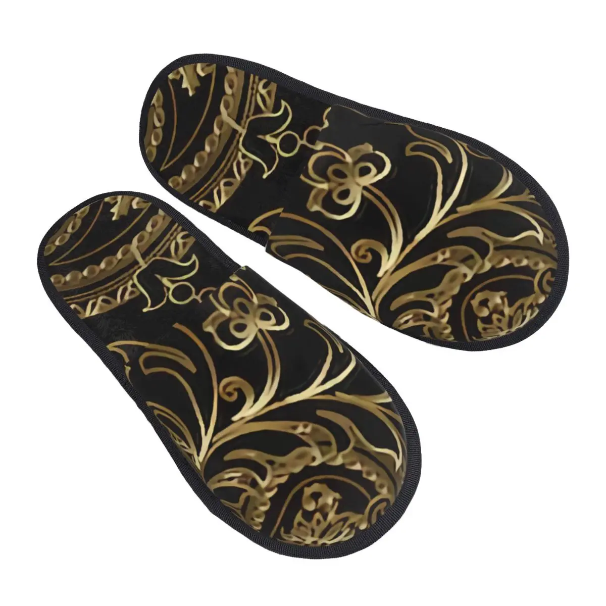 

Thuth Vintage 3D Gold And Black Paisley Flowers Leaves Comfy Scuff With Memory Foam Slippers Women Bedroom House Shoes