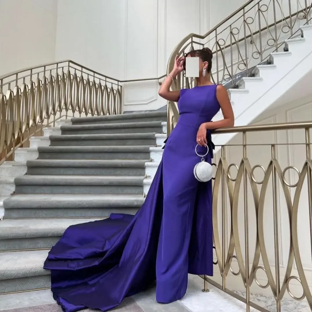 

Elegante vestido de noche Formal de satén elástico púrpura con cuello de barco de tren desmontable para mujer, vestido de gradua