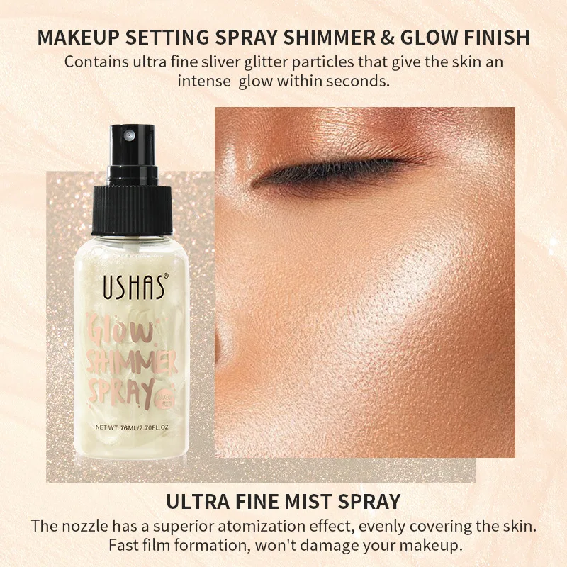 USHAS Liquid Foundation Highlighter High Shimmer Glow Finsh Makeup Setting Spray Brightening Durable Waterproof Glitter Infused