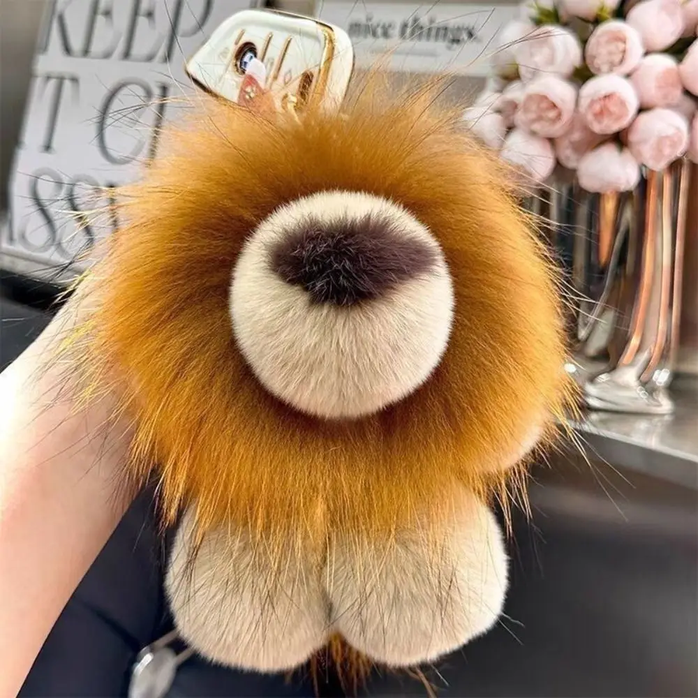Lindo bolso de piel de conejo Rex auténtica, adornos para bolso, llavero de coche, correa de piel, juguetes de peluche para niños, regalo, llavero con colgante de León pequeño bonito
