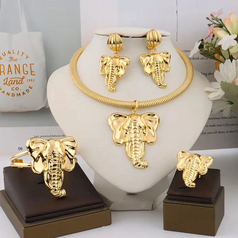 

YM позолоченный слон, 4 шт., комплекты ювелирных изделий для женщин, роскошное ожерелье, серьги, браслет, кольцо, модные аксессуары для свадебной вечеринки, подарок