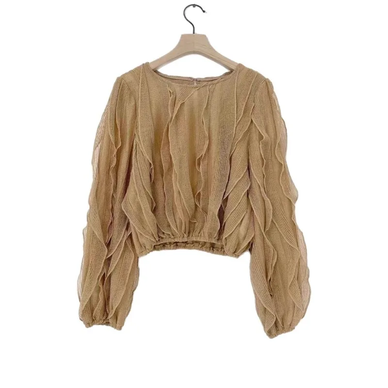 قميص دانتيل بطبقات وأكمام طويلة ورقبة على شكل حرف V للسيدات بتصميم ربيعي جديد يقلل من العمر #4