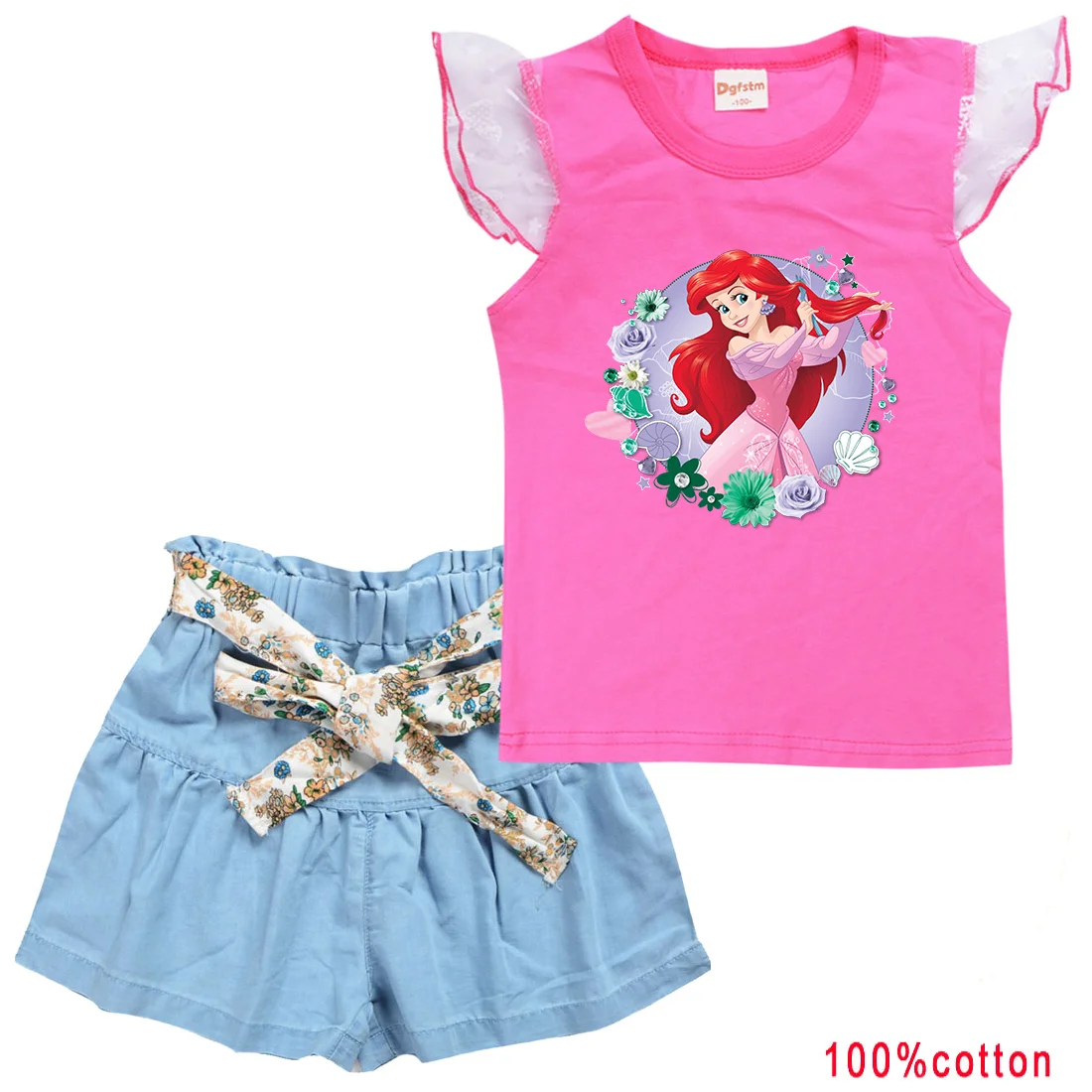 2pc/Sets Disney The Little Mermaid Girls Clothing Outfits Summer T-shirt Shorts Clothes Casual Sports Tracksuits