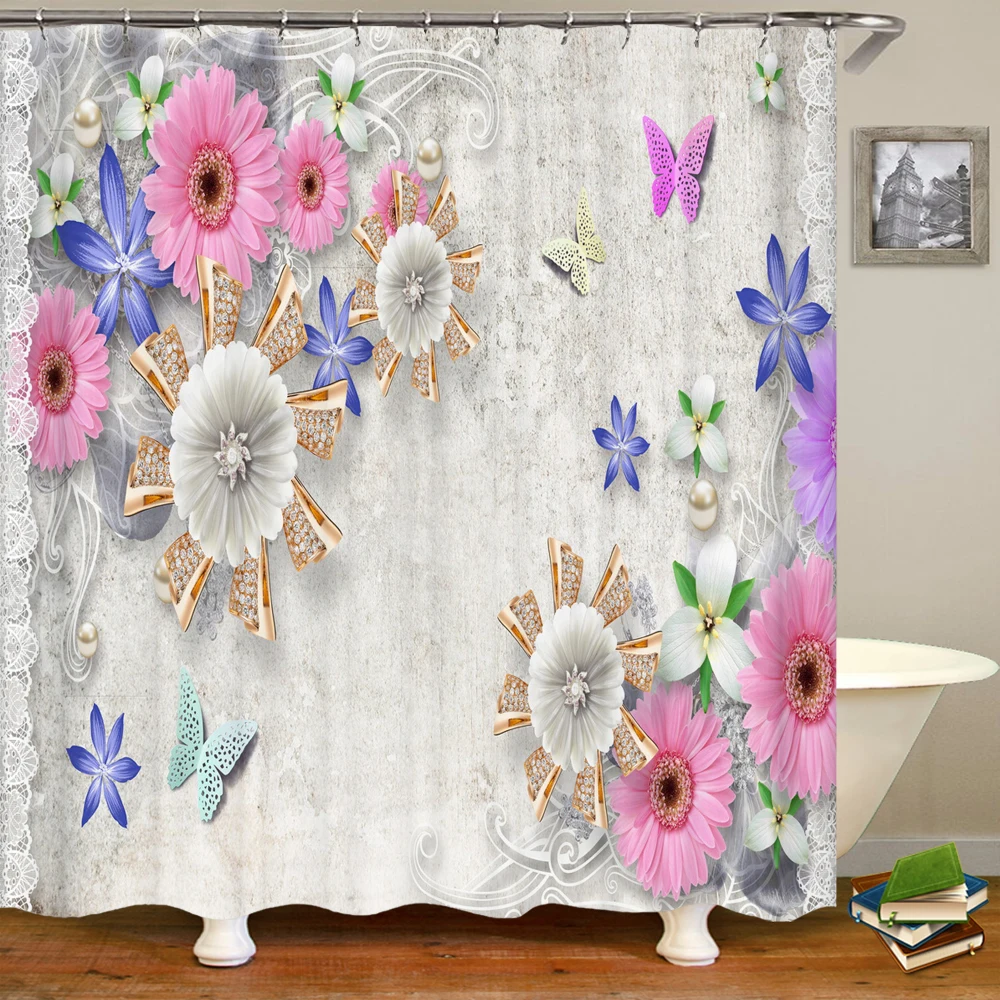 3D European beautiful flower printing bathroom curtain waterproof polyester shower curtain home decoration curtain with hooks