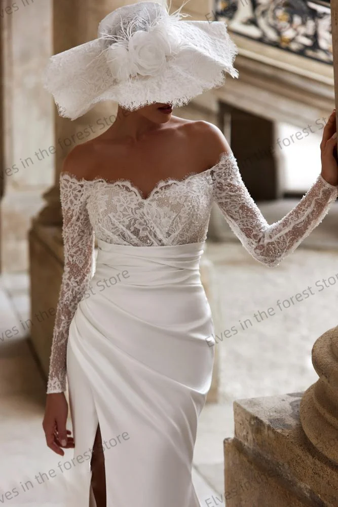 Elegante abito da sposa a sirena per donna con spalle scoperte e maniche lunghe in pizzo, abito da sposa personalizzato con spacco alto, abiti da sposa